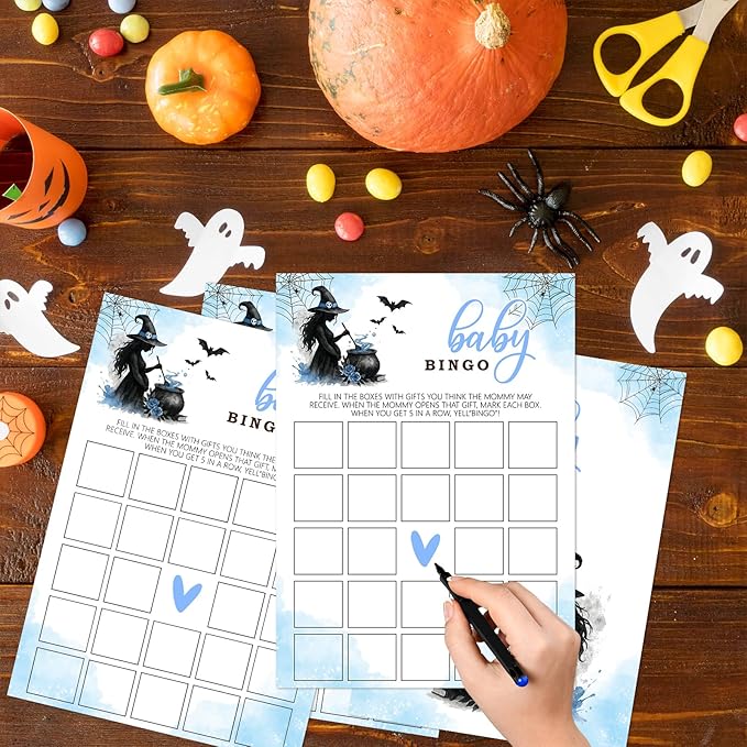 Hilarious Baby Shower Games, 25 Sets Halloween Baby Bingo Game, Blue Witch Gender Reveal Game Cards for Party Announcement Supplies - B03