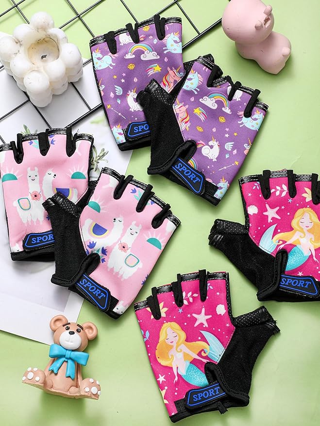 Boao 3 Pairs Kids Half Finger Bike Gloves Non-Slip Breathable Adjustable Birthday Gift for Boys Girls for Bike Workout