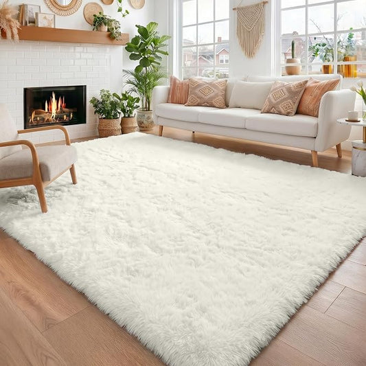 Amdrebio Cream Ivory White Fluffy Plush Big Rug 6x9 for Living Room Bedroom | Shag Fuzzy Shaggy Furry Carpet, Nursery Playroom Classroom Dorm Apartment Home Decor, Neutral Aesthetic, Baby Kids Corner