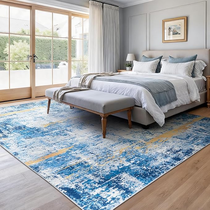 Rugflix 8x10 Area Rugs for Living Room, Washable Sky Blue Gold Large Rug | Machine Washable; Stain-Resistant; Low Pile; Non-Slip; Modern Abstract; Carpet for Bedroom Dining Office Nursery Home