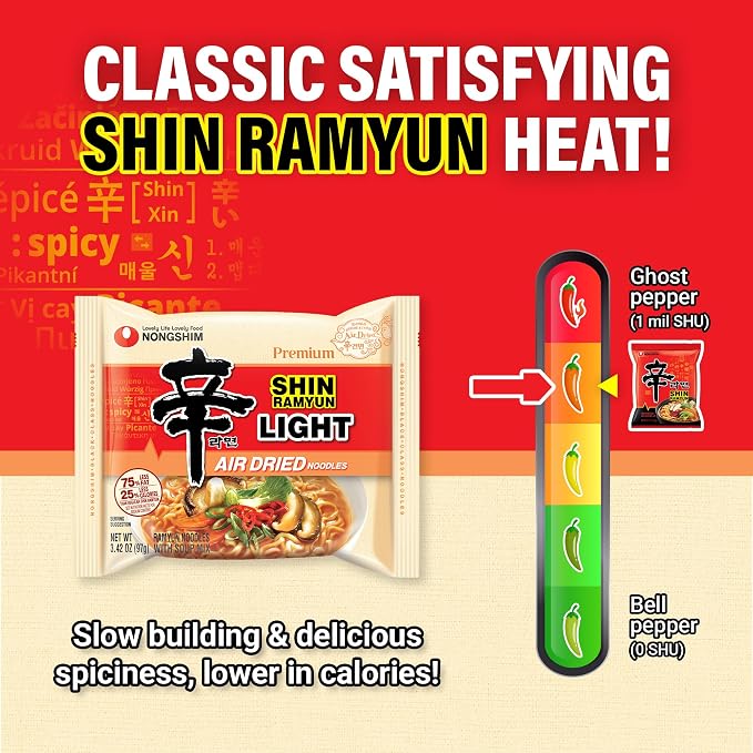 Nongshim Shin Ramyun Light, Air-Dried Korean Ramen Noodles, 4 Pack | Air-dried instant ramen with spicy beef broth, roasted vegetable notes, large vegetable flakes