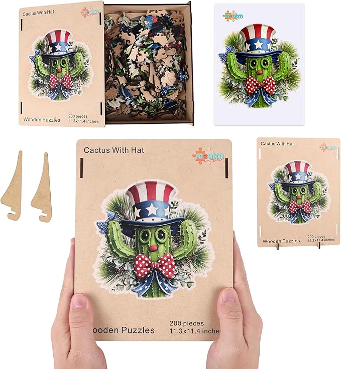 MEATRN Puzzles for Adults - Playful Cartoon Cactus Design with Hat Wooden Puzzles, Unique Plants Wood Jigsaw Puzzle for Friends and Children Gift, Family Game, 491 Pcs, 17 x 16.9in