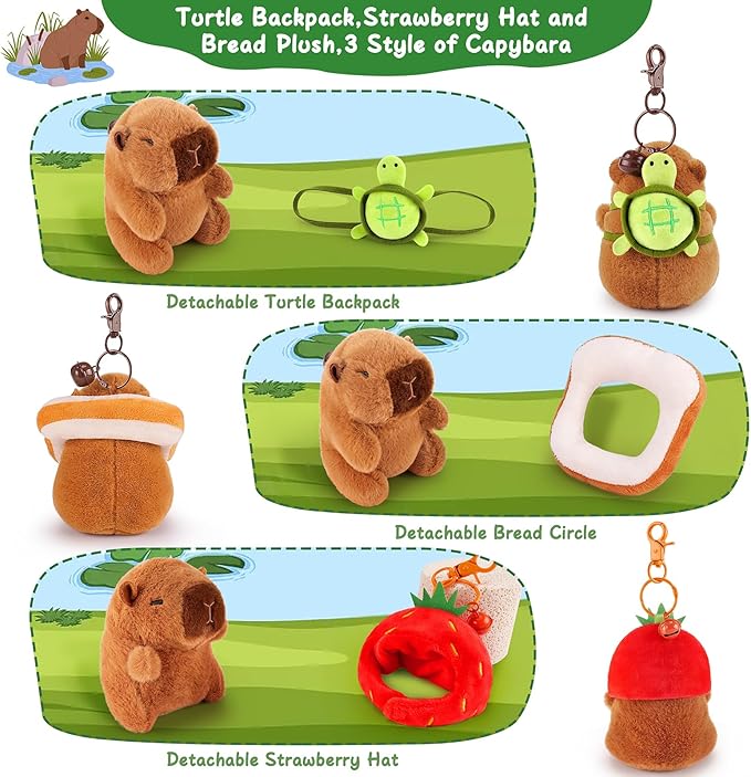 Achwishap 3PCS Capybara Plush Keychain,Cute Keychain Capybara Stuffed Animal,Soft Capybara Plush Toys Key Chain,Kawaii Plushie Stuffed Toys for Kids Adults(Turtle,Strawberry Hat,Bread)