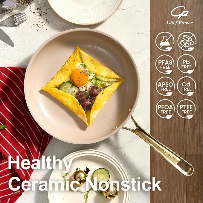 Chef Power Ceramic Frying Pan with Stainless Steel Handle 5Pcs Set, Non Stick Grill Pan Set, Dishwasher and Oven Safe, Taupe and Light Gold Handle