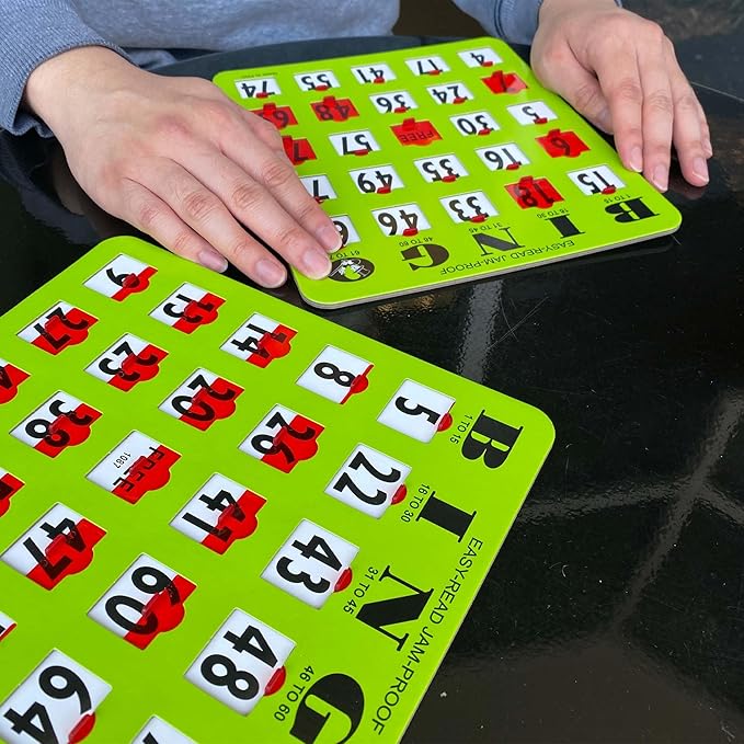 MR CHIPS Jam-Proof Easy-Read Large Print Fingertip Bingo Cards with Sliding Windows 25 Pack in Green Style
