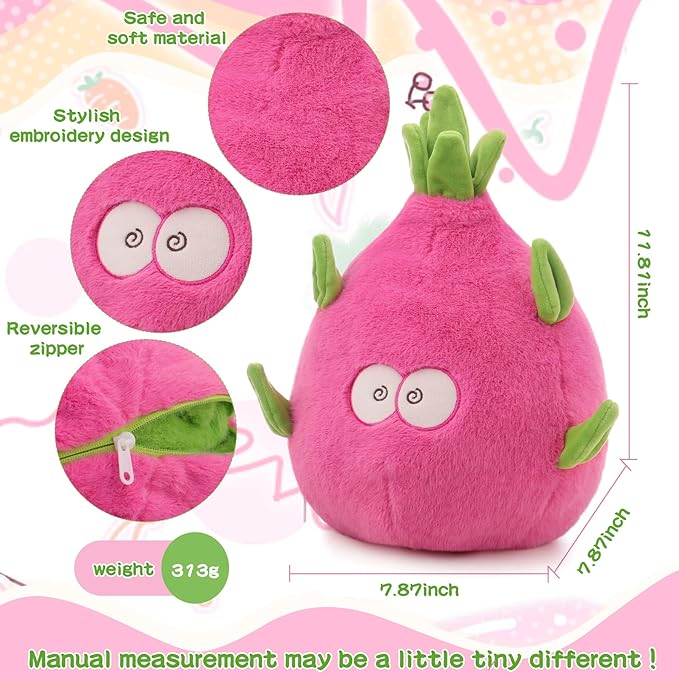 MIAODAM Reversible Dragon Fruit Dinosaur Plush Toys, Zip Flip Stuffed Animals, Cute Dinosaur Plushie in A Dragon Fruit, for Baby, Boys & Girls (30cm/11.8in)