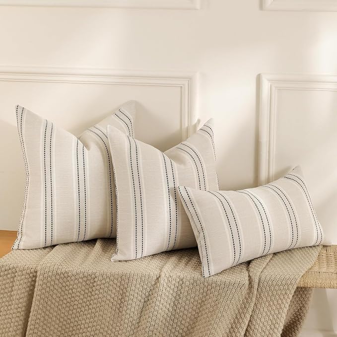 Hckot Stripe Throw Pillow Covers 26x26 Large Square Grey Pillow Covers | Farmhouse Decorative Pillows Textured Linen Euro Sham Cushion Covers for Sofa Couch Bed Living Room Decor