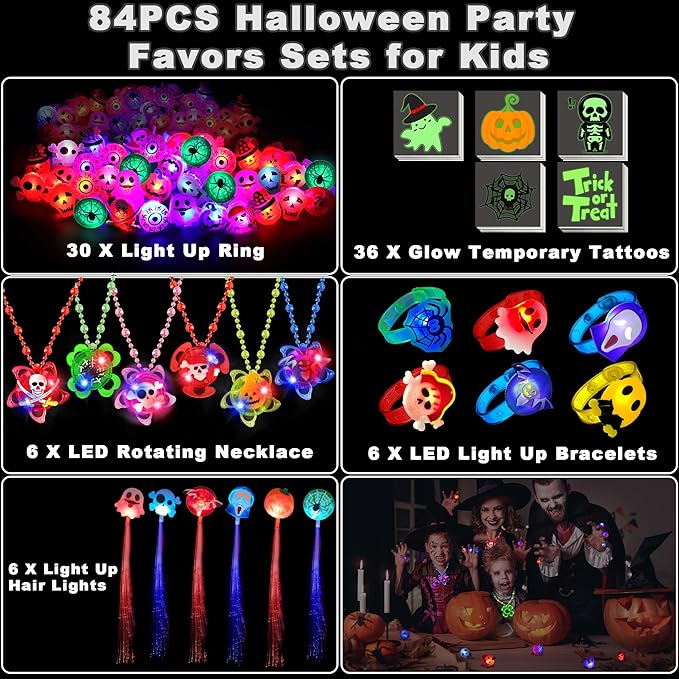 84 Pack Halloween Party Favors, Halloween Toys Gifts for Kids, LED Rotating Necklaces Flash Hair Lights Light Up Bracelets Rings Glow In The Dark Bouncy Ball Temporary Tattoos Halloween Party Supplies