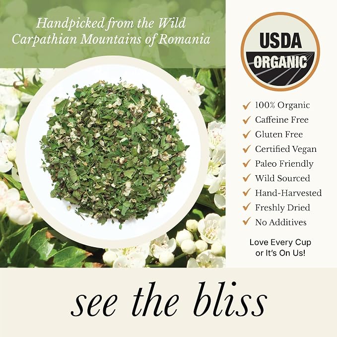 Wild Bliss Organic Hawthorn Tea - Caffeine Free Loose Leaf and Flower Herbal Tea - Pharmacopoeia Potency - 100 Servings