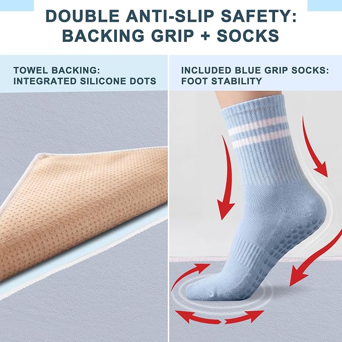 2 Pack Yoga Mat Towels with Bonus Grip Socks, Lavender Gray *2 | Elegant Embroidered, 1-Second Sweat Absorption & Non-Slip | Machine Washable Microfiber | Hot Yoga, Pilates | 73''*27.6''
