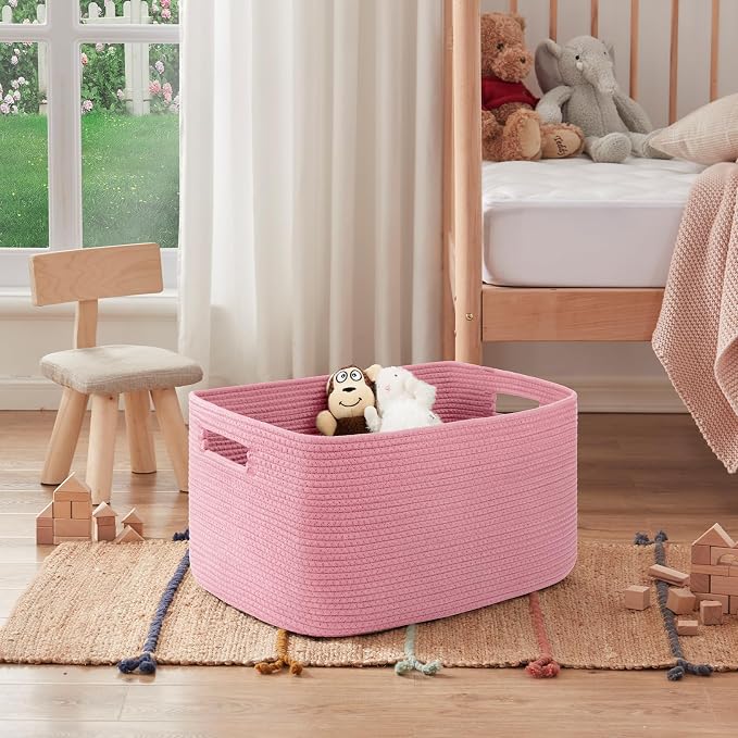 OIAHOMY 75L Blanket Basket, Woven Cotton Rope Basket for Organizing 22”x17”x12”, Used for Living Room, Bedroom, Nursery, Pink