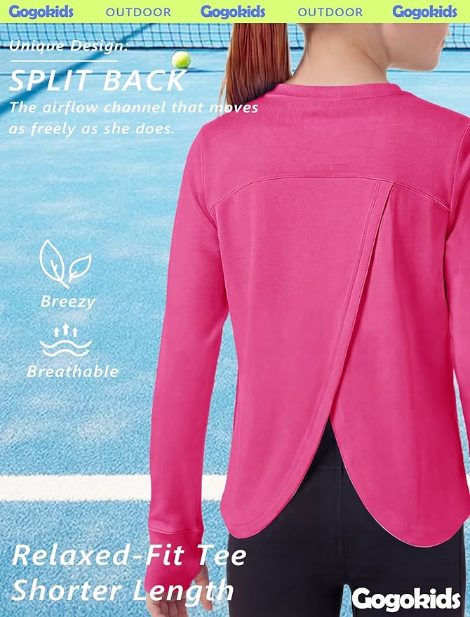 Gogokids Girls Shirts Long Sleeve Athletic Shirts Open Back Tops Active Sports Tshirts Yoga Workout Crop Tees 5-14 Years