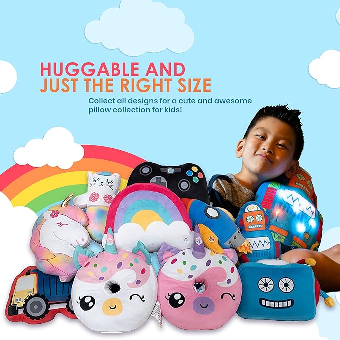 Unicorns & Robots Light Up Pillow for Kids, Plush Led Night Light for Boys and Girls, Oeko TEX Certified, Toddler’s Light Up Sleeping Toy, Rocket Ship