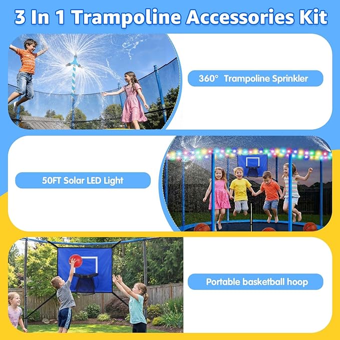 3-in-1 Trampoline Accessories Kit: 360°Rotating Water Sprinkler, 50FT Solar-Powered LED Lights & Kids Basketball Hoop with 3 Mini Balls / 8 Light Modes, Universal Fit for 8-16ft Trampolines