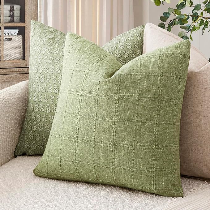 Foindtower Set of 2 Decorative Linen Check Throw Pillow Covers Neutral Farmhouse Vintage Cushion Covers Modern Boho Accent Home Decor for Sofa Chair Couch Bedroom Living Room,24×24 Inch,Light Green