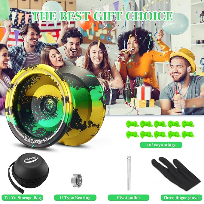 WATIEOBOO Yoyo Professional,Metal Responsive Yoyo for Kids Beginners, Unresponsive Yoyo for Adults Intermediate-Advanced Players with Glove and 10 Replacement Yoyos Strings Model WA-01