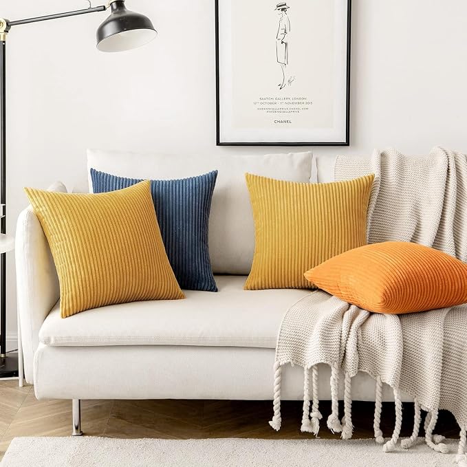 MIULEE Fall Decorative Corduroy Throw Pillow Covers Set of 2 20x20 Gold | Soft Striped Textured Cushion Cases, Boho Rustic Square Pillowcases Neutral Home Decor, for Couch Chair Sofa Bed Living Room