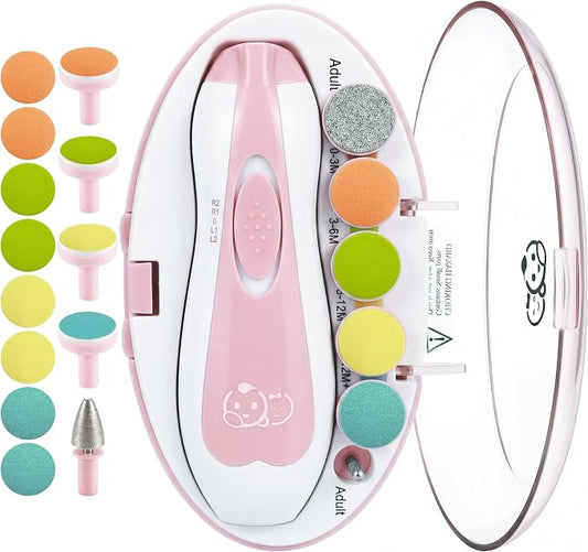 Royal Angels Upgraded 21 in 1 Baby Nail Trimmer with Labeled Case, 13 Extra Replacement Pads, Safe Electric Baby Nail File Kit for Newborns & Toddlers, Whisper Quiet Nail Clipper with LED Light (Pink)