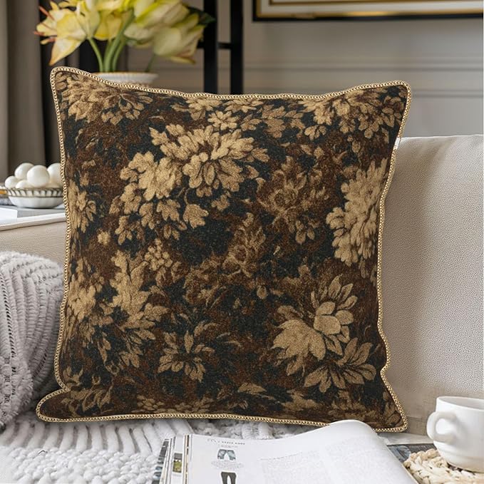 Vintage Dark Brown Flowers Velvet Pillow Covers 20x20 Inch Boho Retro Abstract Floral Throw Pillows for Couch Cushion Covers Pillowcase Bohemian Farmhouse Pillow Cases for Sofa Bed Bedroom