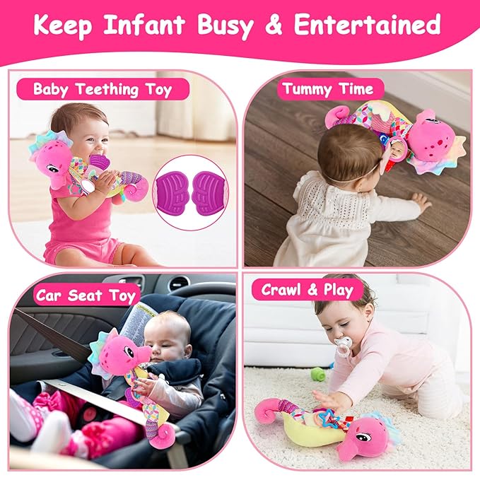 Baby Girl Toys 0-6 Months Musical Seahorse Stuffed Animal Tummy Time Toys for Infant 3-6 6-12 Months with Baby Mirror Sensory Newborn Crinkle Developmental Pink Toy Birthday Shower Gifts 0-3 4 5 Month