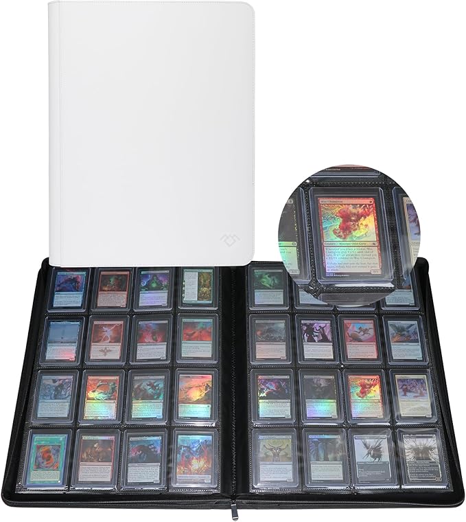 GrinOwl 16 Pocket Top loader Binder, Holds 640 Top Loaders, Large Top loader Card Binder with Sleeves for Cards in 3" x 4" Top loaders (White)