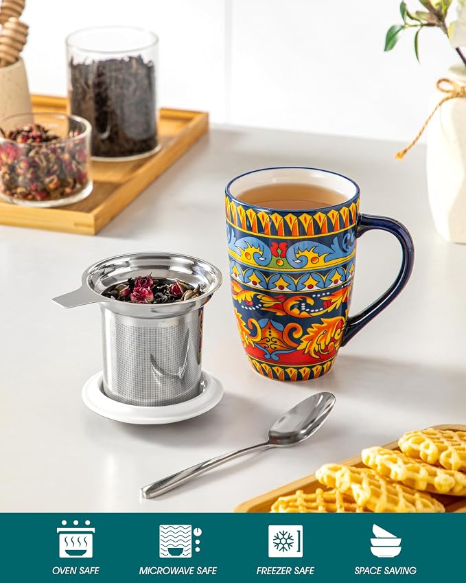 vancasso Ceramic Tea Cup with Infuser and Lid, 18 Ounce Tea Infuser Mug for Loose Leaf Tea, Microwave & Dishwasher Safe, Bohemian Mandala, Gift for Tea Lovers, Midnight Peacock