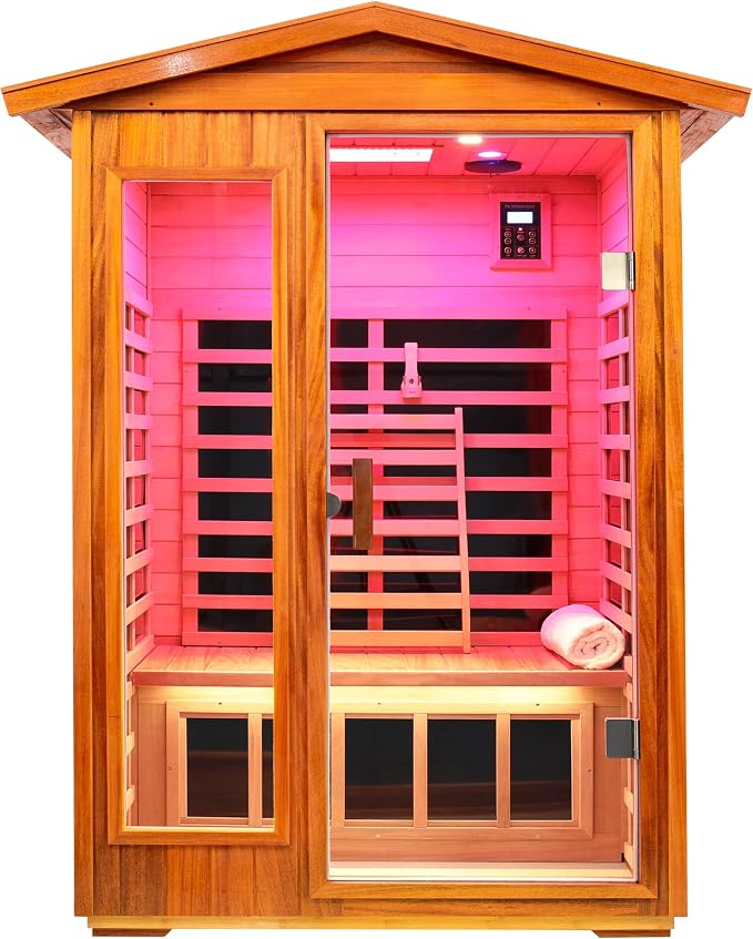 LTCCDSS Full Spectrum Ultra-Low EMF Outdoor Sauna 2-Person, Mahogany Far Infrared Saunas for Home, Near&Mid-IR Light, EMF 0.1-2mG, Bluetooth & Chromotherapy