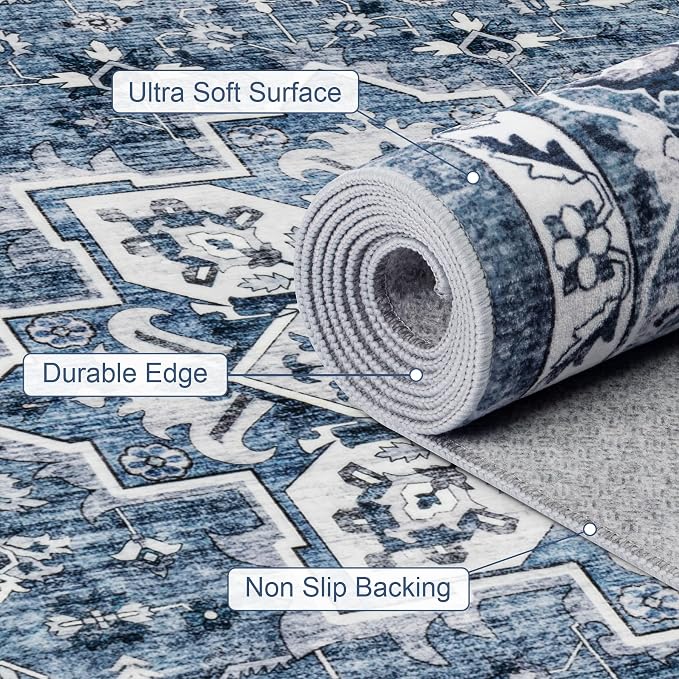 Round Area Rug for Living Room: 6ft Washable Vintage Boho Soft Thin Circle Rug Indoor Floor No Slip Stain Resistant Carpet for Bedroom Dining Room Farmhouse Nursery Home Office - Blue