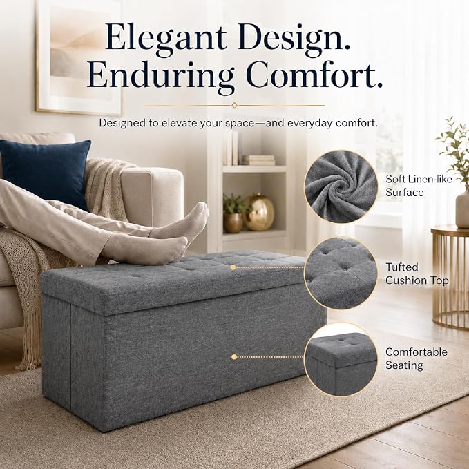 ALASDO 43 Inch Folding Storage Ottoman Bench with Hidden Storage, PU Leather Ottoman Foot Rest Stool, End of Bed Bench for Bedroom, Living Room, Entryway and Closet, Grey