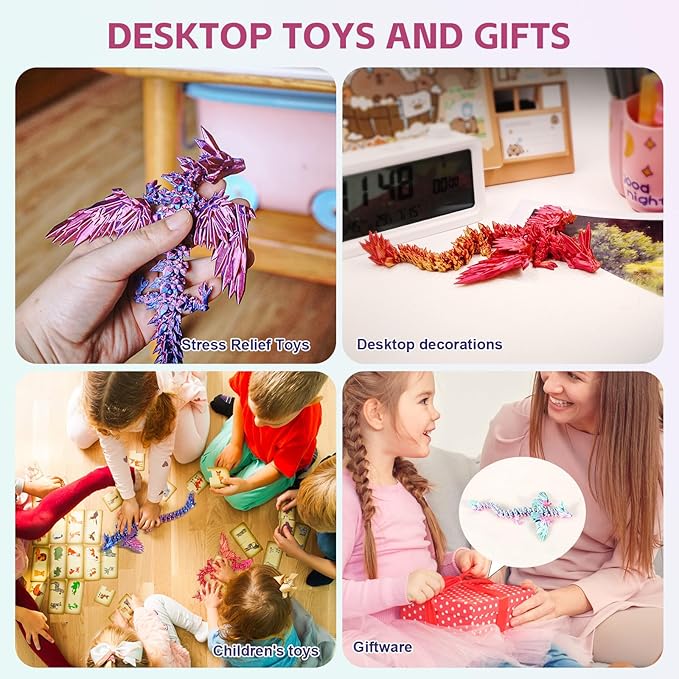 3D Printed Dragon with Wings, 3D Dragon 9" Articulated Winged Dragon for Home Office Decor Executive Desk Toys, Black Red