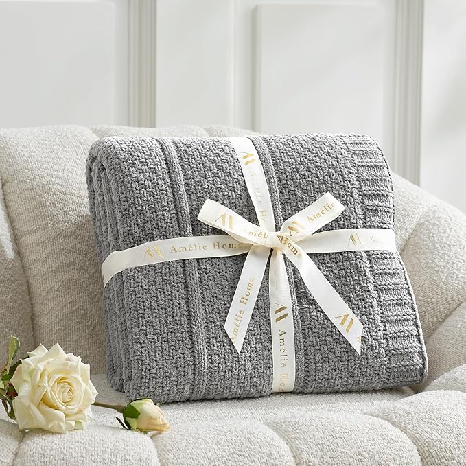 Amélie Home Premium Chenille Throw Blanket, Soft Cozy Moss Stitch Knit Blanket for Couch, Sofa, Chair, Home Decor, Grey 50"x60"