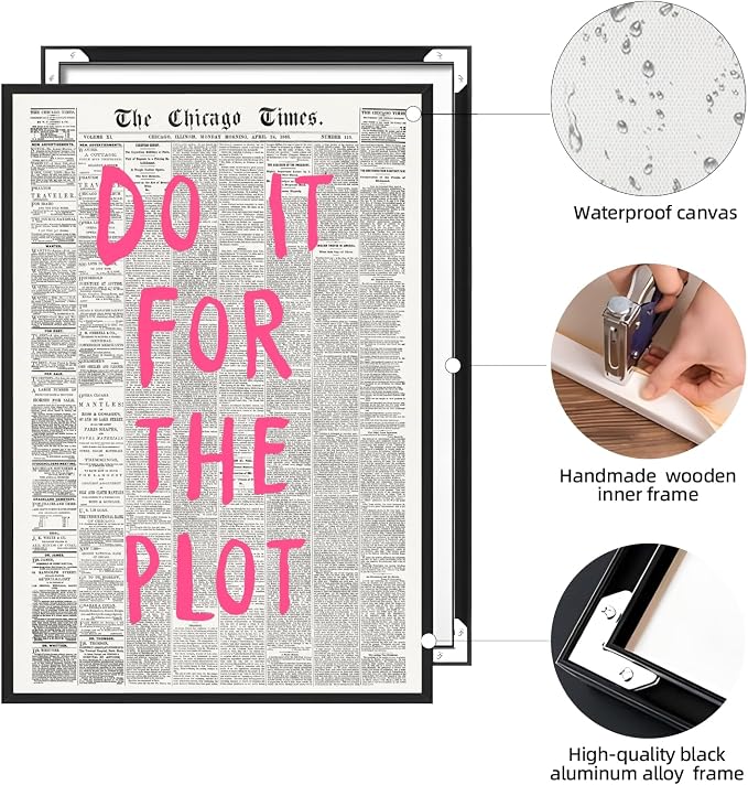 Do It For The Plot Vintage Newspaper Poster Retro Motivational Pink Wall Art Positive Daily Reminder Motivational Quote Print for Bedroom Office Home Decor Aesthetic 16x24inch Black Aluminum Frame