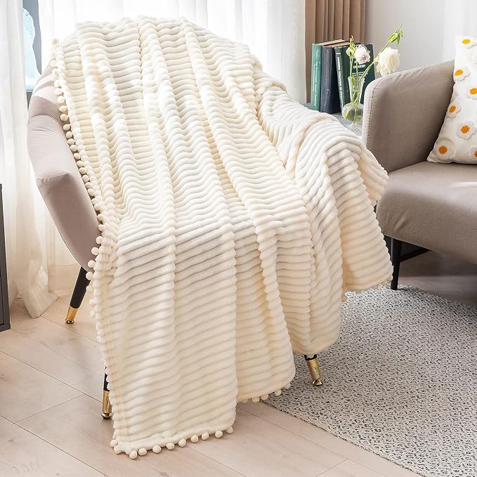 DISSA Fleece Blanket Twin Size – 60x80, Beige - Soft, Plush, Fluffy, Fuzzy, Warm, Cozy – Perfect Throw for Couch, Bed, Sofa - with Pompom Fringe - Flannel Blanket