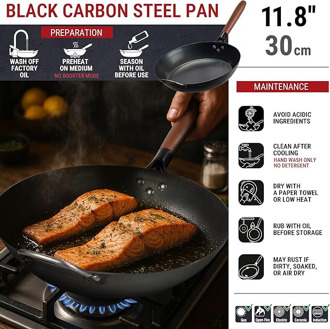 YOSUKATA 11.8" Carbon Steel Frying Pan – Non-Toxic Pre-Seasoned Skillet with Removable Wooden Handle – Coating-Free Wok-Style Pan for Gas, Induction, Electric, Oven & Grill BBQ