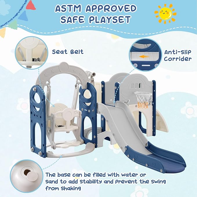 7-in-1 Kids Slide and Swing Set for Age 1-5 with Basketball Hoop Climbing Frame and Telescope,Indoor and Outdoor Playground Birthday Gifts for Boys Girls Grey+Blue