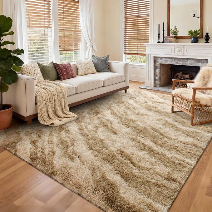 7x10 Ft Extra Large Shag Rugs for Living Room, Ultra Soft Fluffy Furry Area Rugs for Bedroom Indoor Floor, Aesthetic Carpet for Kids Home Decor (Khaki)