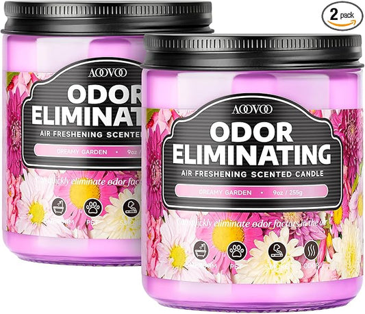 AOOVOO Dreamy Garden 2 Pack Odor Eliminating Highly Fragranced Candle - Eliminates 95% of Pet, Smoke, Food and Other Smells Quickly, Non Toxic Air Freshing Soy Candle, 18 oz Up to 100 Hours Burn time