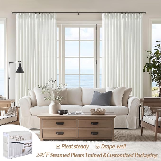 Cute Pinch Pleat Pure White Sheer Curtains 63 Inch Length 2 Panels Set for Small Windows, Neutral Thick Linen Blend Light Filtering Cottage Core Viral Drapes Decor Semi Through Privacy Burg 40W x 63L