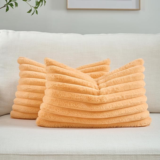 FUTEI Pack of 2 Faux Fur Throw Pillow Covers 12x20 Inch, Orange | Fluffy Faux Rabbit Fur Front/Premium Velvet Back,Hidden Zipper,Machine Washable,Non-Shedding,Colorfast,Insert Not Included.