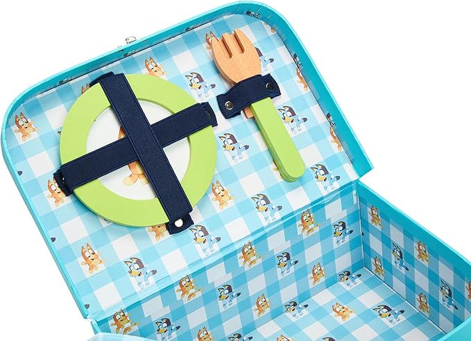 8th Wonder Wooden Bluey Toys Picnic Carrying Case, 30-Piece Picnic Basket Toy with Cutlery and Food Accessories, Outdoor Food Toys for Kids of Ages 3+
