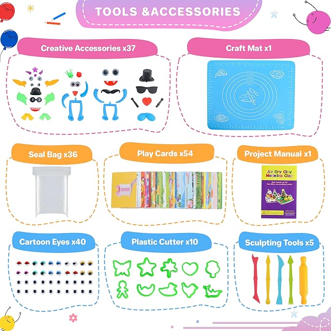 Air Dry Clay 42 Colors, Modeling Clay for Kids, DIY Model Magic Clay, Molding Clay Kit with Sculpting Tools, Non-Sticky Soft and Super Light, Arts and Crafts Gift for Boys Girls Kids