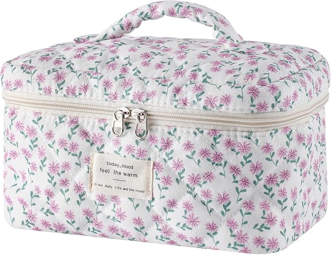 uekeboag Large Travel Quilted Makeup Bag for Women, Floral Cotton Cosmetic Bag, Coquette Aesthetic Floral Toiletry Organizer Bag