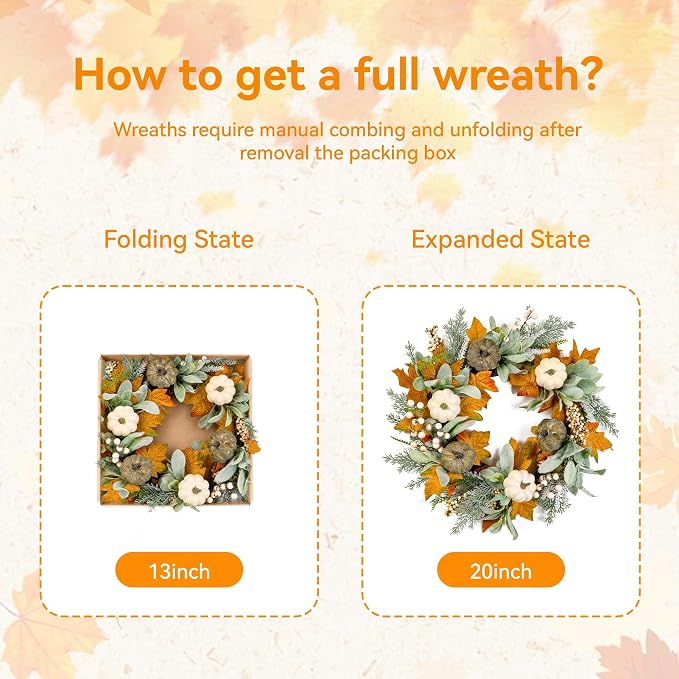 20" Fall Wreath Front Door Pumpkin Lambs Ear Maple Leaf Artificial Wall Decor Farmhouse Autumn Wreath Thanksgiving Home Porch Outdoor Indoor Holiday Harvest Decor