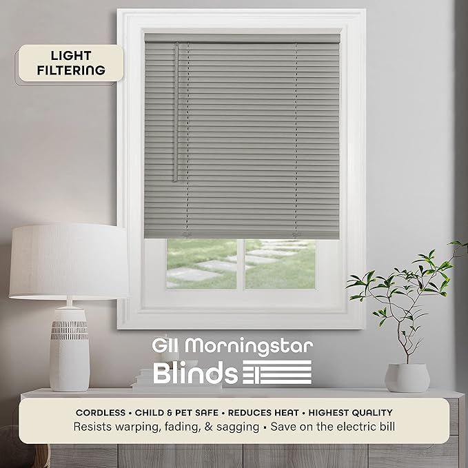 Cordless Light Filtering Mini Blind - 31 Inch Width, 64 Inch Length, 1" Slat Size - Grey - Cordless GII Morningstar Horizontal Windows Blinds for Interior by Achim Home Decor