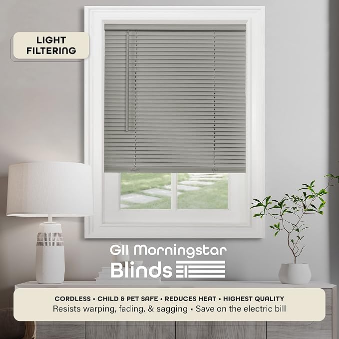 Cordless Light Filtering Mini Blind - 25 Inch Width, 64 Inch Length, 1" Slat Size - Grey - Cordless GII Morningstar Horizontal Windows Blinds for Interior by Achim Home Decor