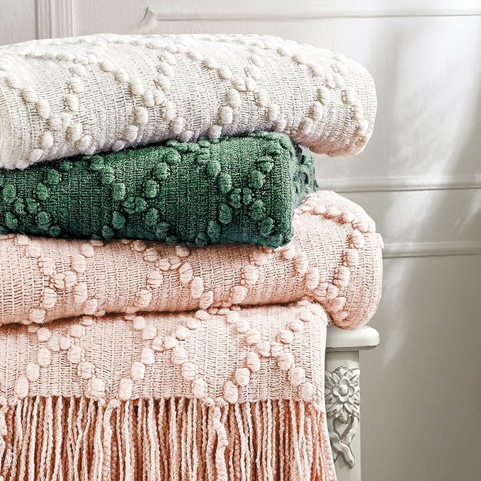BOURINA Green Throw Blanket 50 x70 Inch Jacquard Throw Knitted Blanket | Jacquard Argyle Throw Textured Solid Soft Throws and Blankets for Sofa or Bed Knitted Decorative Blanket