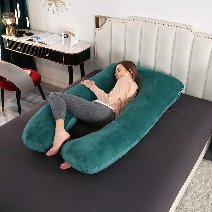 Amagoing 55 inches Pregnancy Pillows for Sleeping, U Shaped Maternity Full Body Pillow for Pregnant Women with Hip, Leg, Back, Belly Support, Removable Washable Velvet Cover (Teal Green)