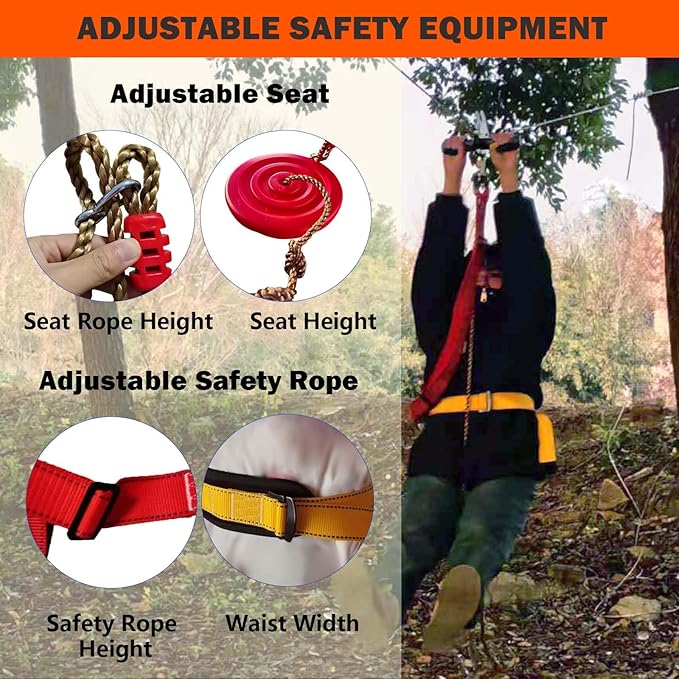 110/130/150/180ft Zipline Kit for Kids and Adults 350Lbs Backyard, Zip Line Stainless Steel Spring Brake, Adjustable Seat, Dual Tightening, Easy Installation Outdoor Adventure Equipment