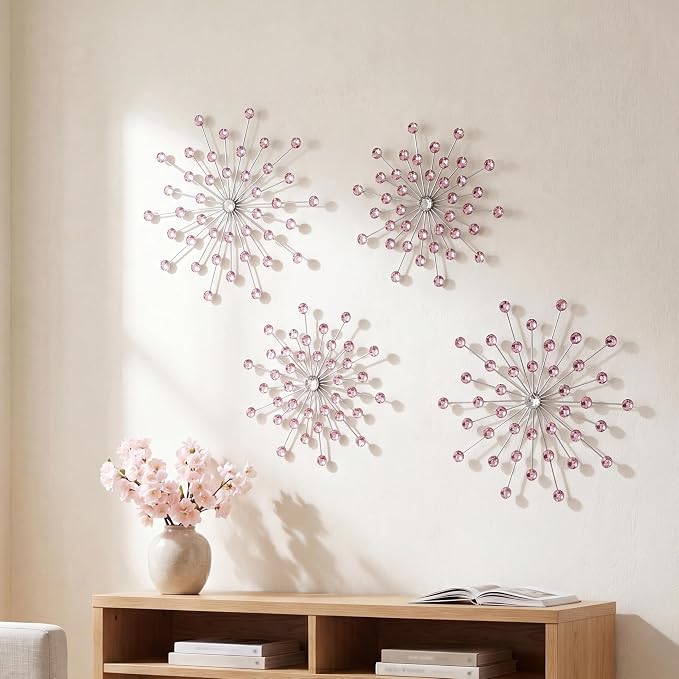 ZEXUIRU 4 Set Silver Starburst Wall Art for Home Decor Metal Bling Crystal Rhinestones Sunburst Wall Decor Sparkling Rhinestone Art Accent Silver - 13 in