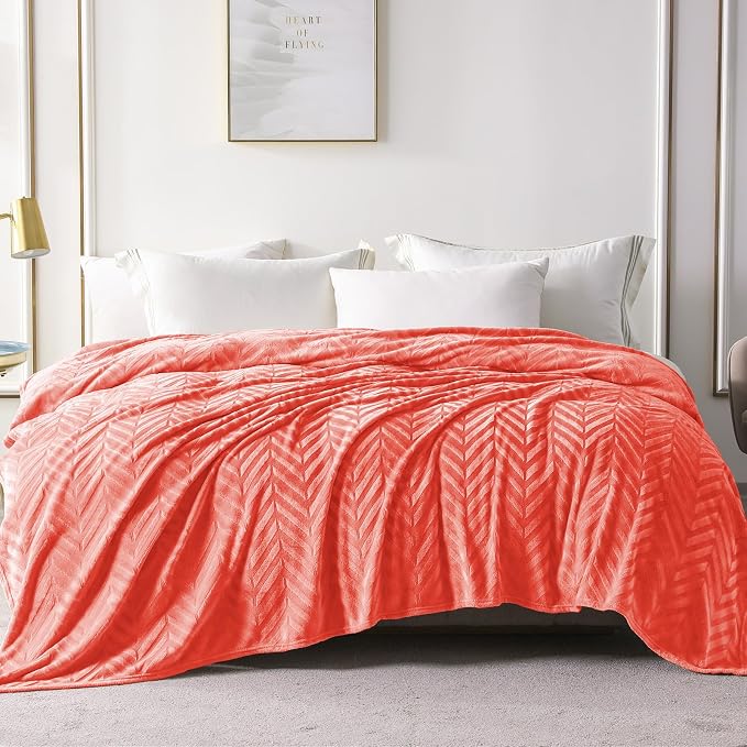 Whale Flotilla Flannel Fleece Fall Bed Blanket King Size, Coral | Lightweight Breathable Soft Bedspread, Plush Fluffy Coverlet Chevron Design Decorative Blanket for Home Life, 90x104 Inch